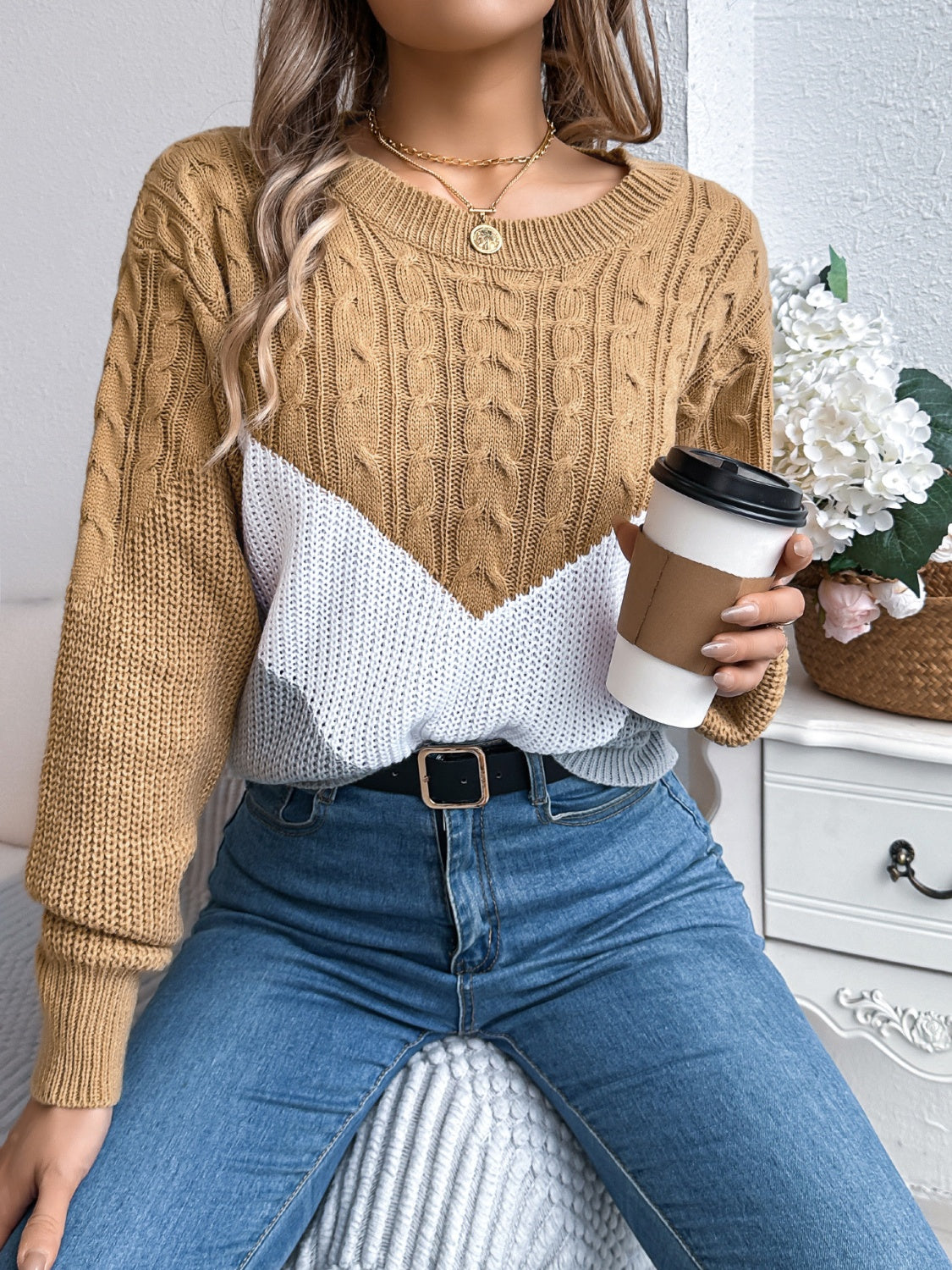 Cable-Knit Color Block Round Neck Sweater | Maekery Studio