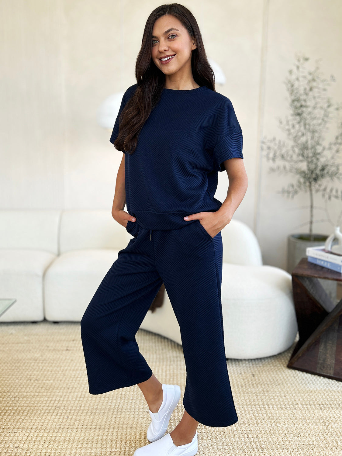 Double Take Full Size Texture Short Sleeve Top and Pants Set | Maekery Studio