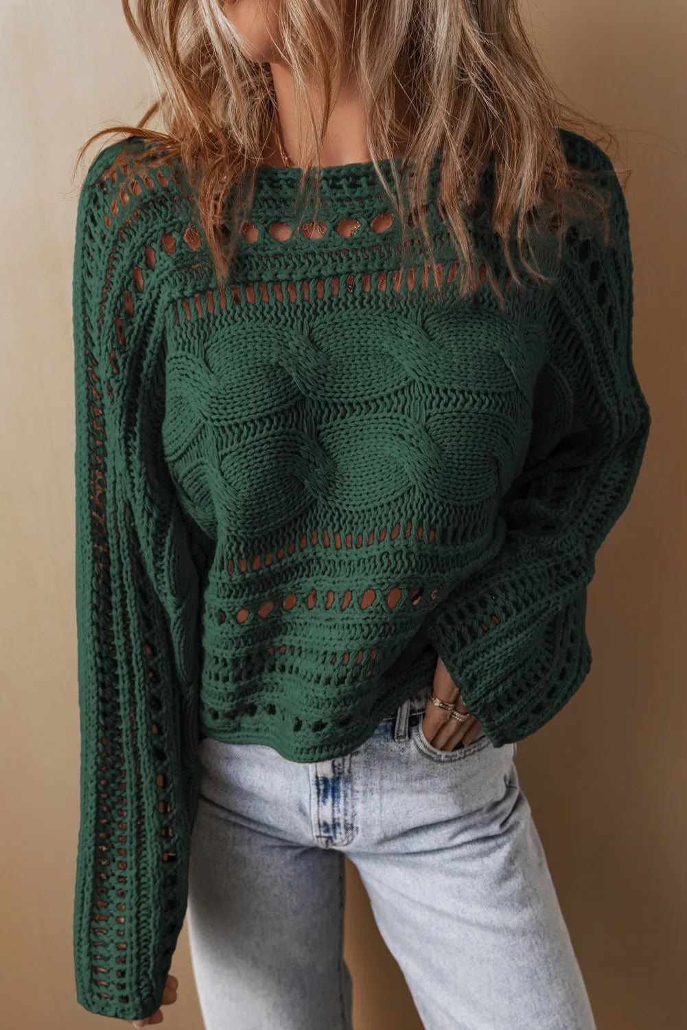 Cable-Knit Openwork Long Sleeve Sweater | Maekery Studio