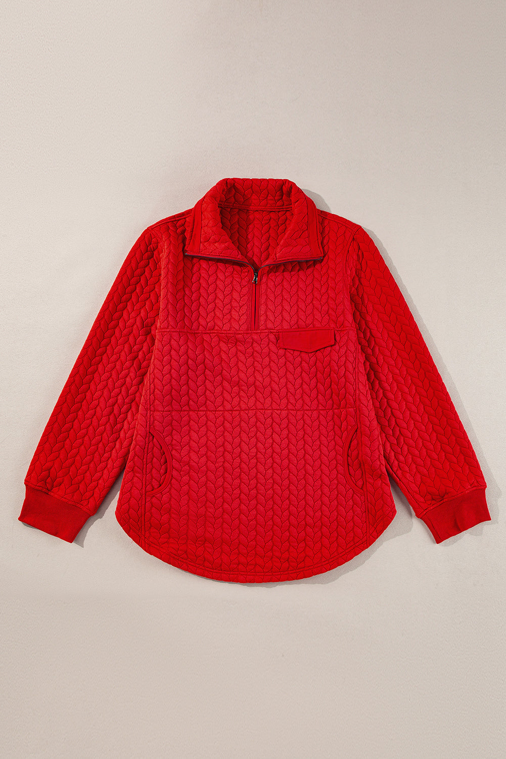 Tomato Red Textured Quarter Zip Plus Size Pullover | Maekery Studio