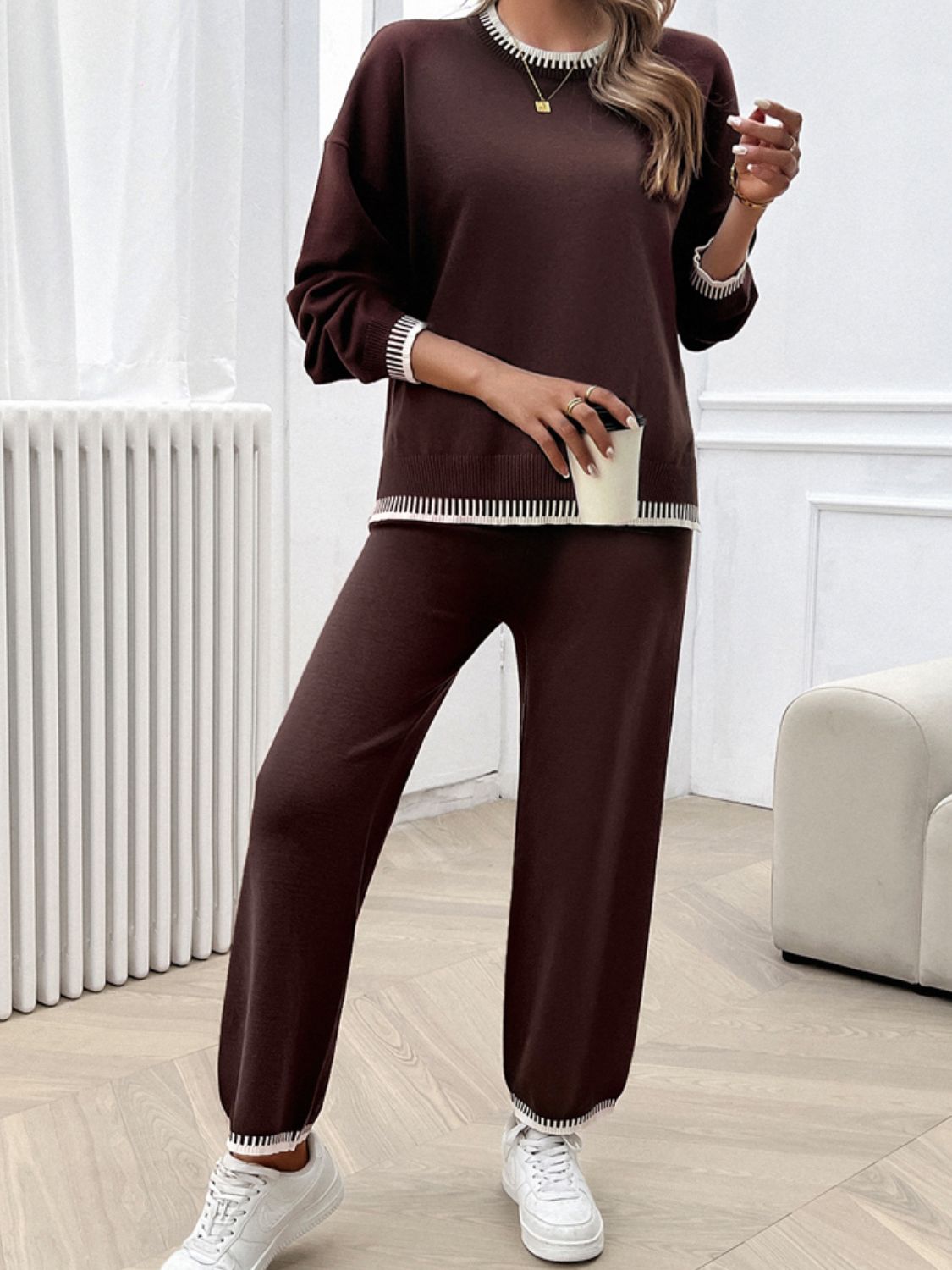 Devine Round Neck Dropped Shoulder Top and Pants Sweater Set | Maekery Studio