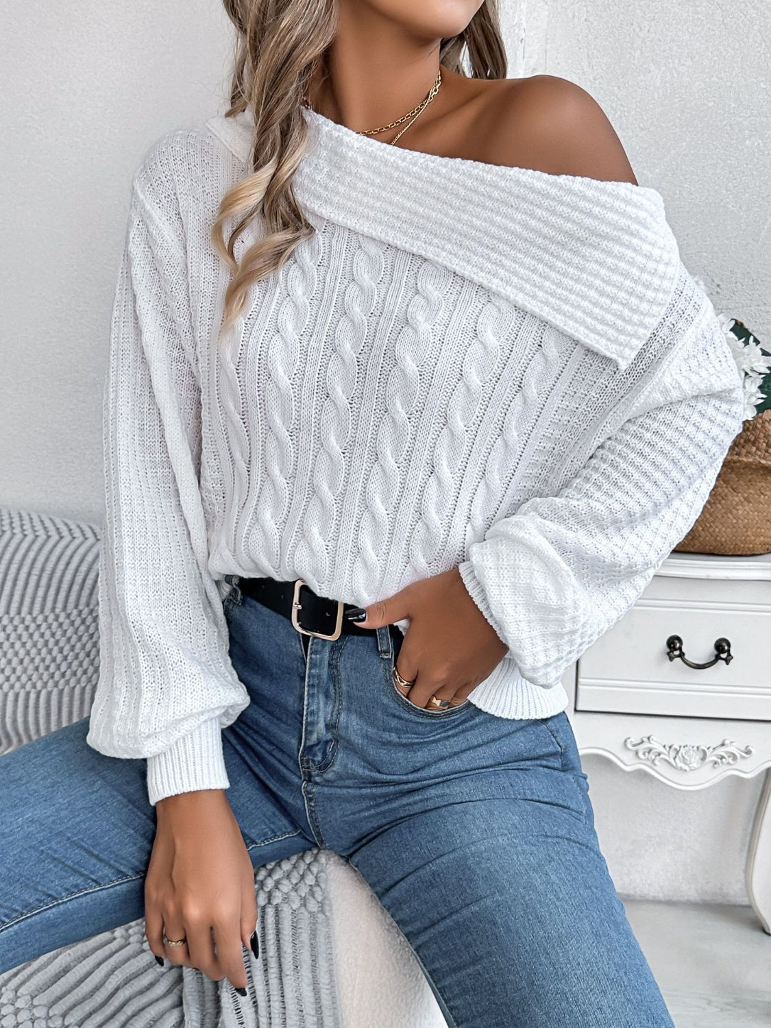 Cable-Knit One Shoulder Long Sleeve Sweater | Maekery Studio