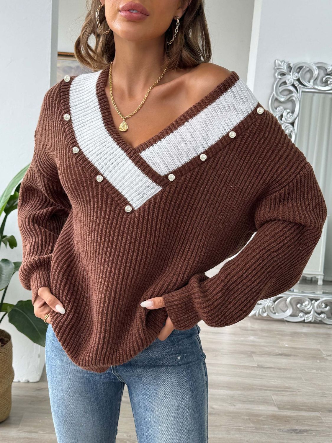 Contrast Trim Dropped Shoulder Long Sleeve Sweater | Maekery Studio