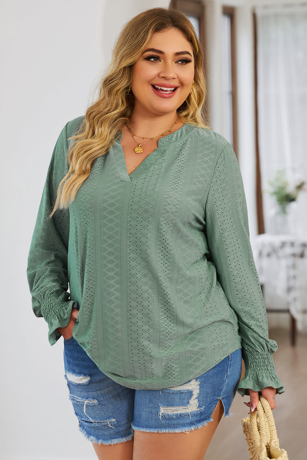 Plus Size Eyelet Notched Flounce Sleeve Blouse | Maekery Studio