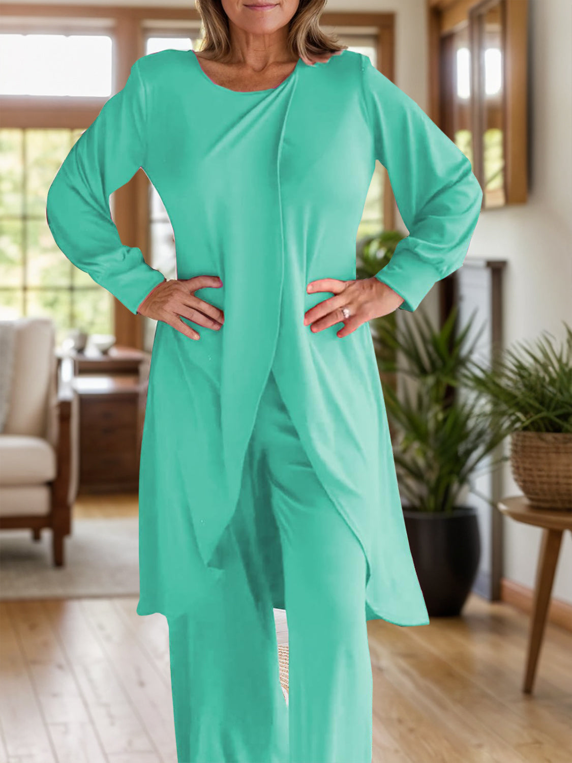 Full Size Slit Round Neck Long Sleeve Top and Pants Set | Maekery Studio