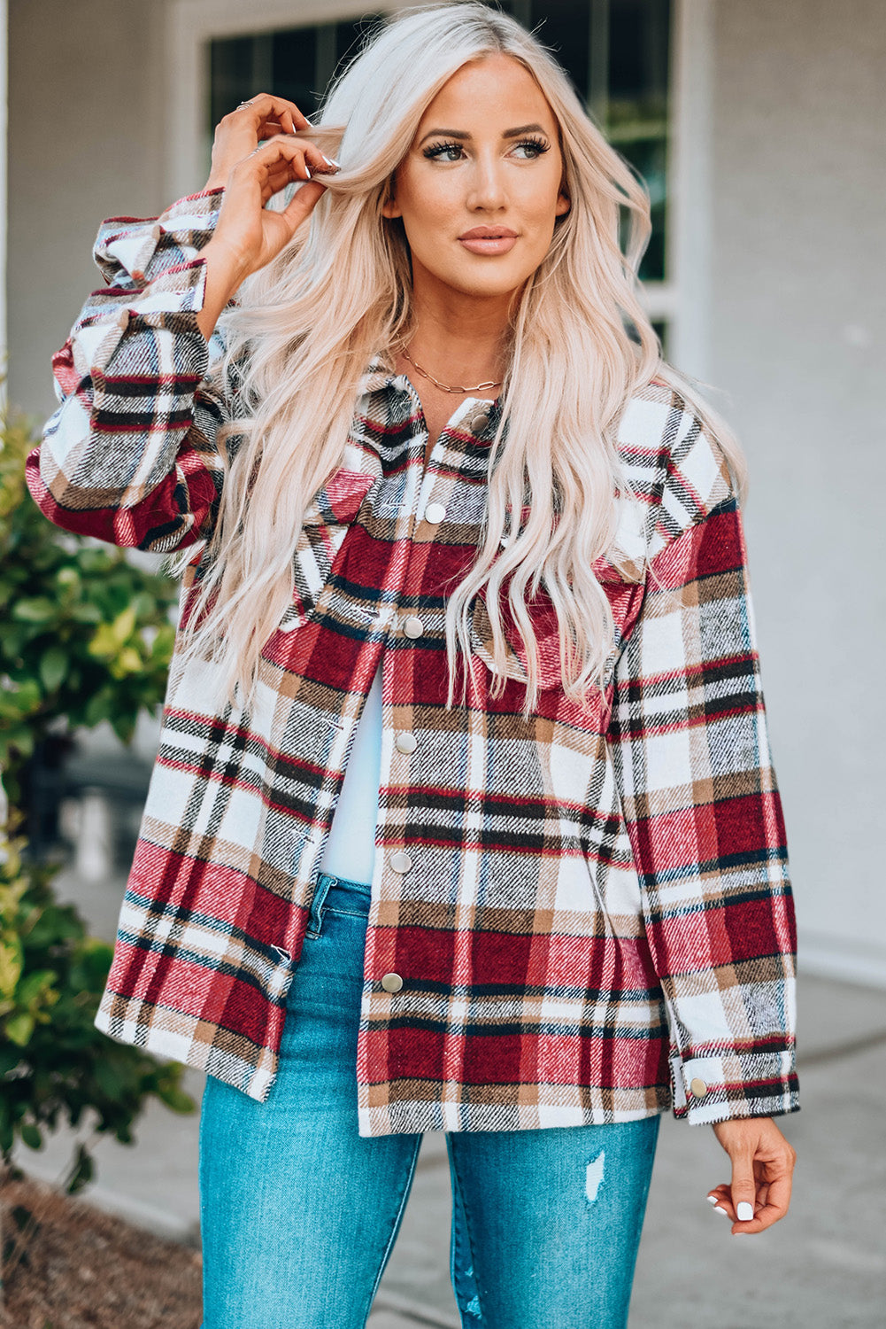 Plaid Button Front Shirt Jacket with Breast Pockets | Maekery Studio