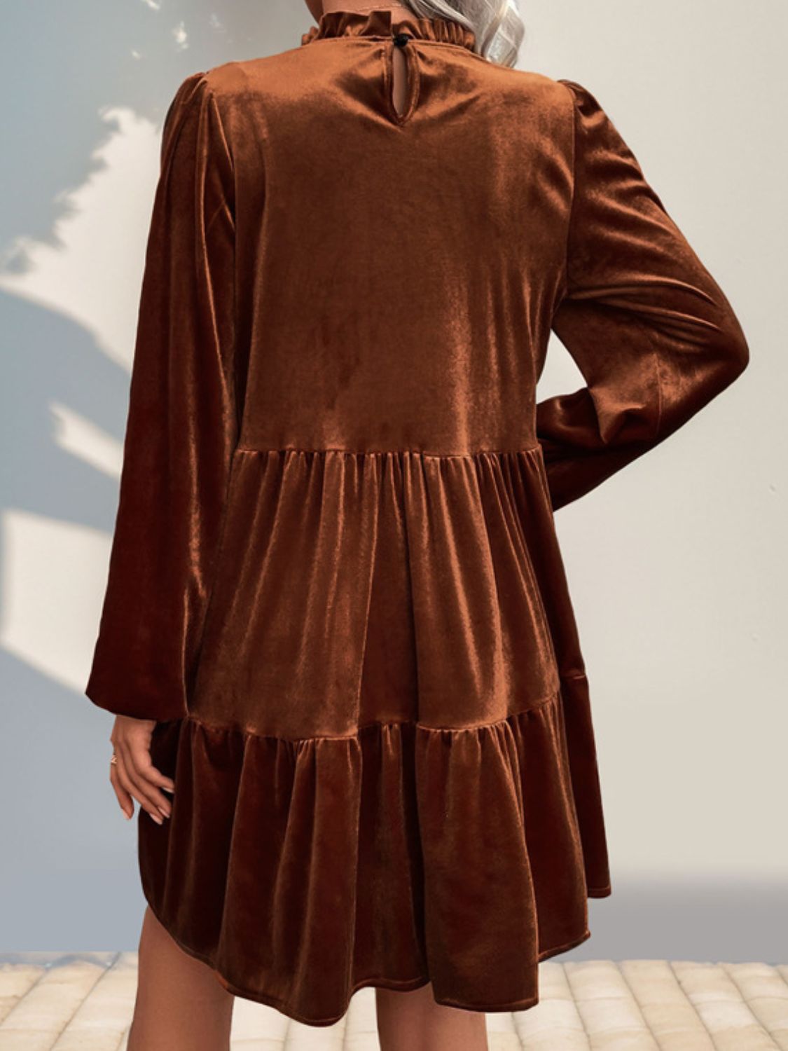 Perfee Tiered Ruched Mock Neck Long Sleeve Dress | Maekery Studio