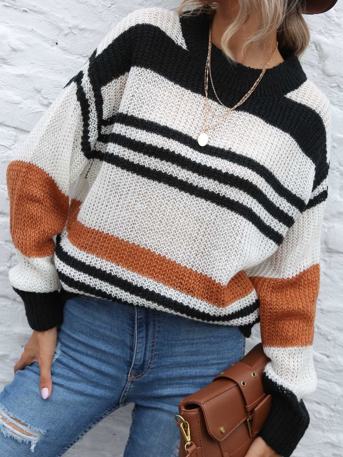 Contrast Striped Round Neck Long Sleeve Sweater | Maekery Studio