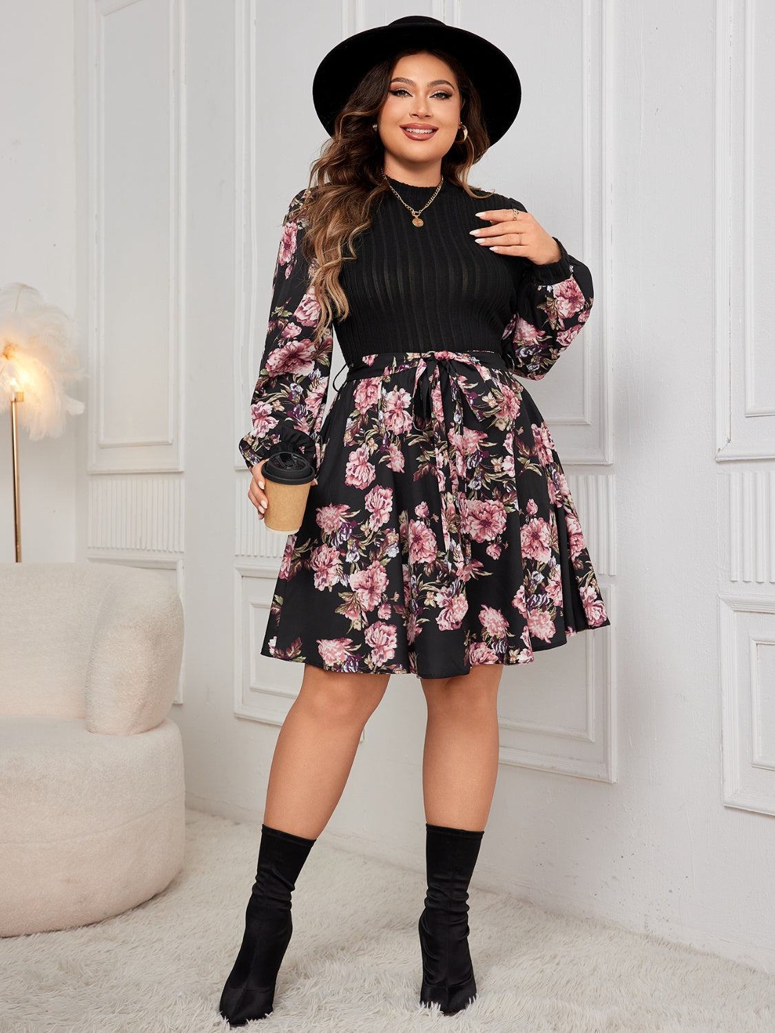 Honey Plus Size Tied Printed Long Sleeve Dress | Maekery Studio