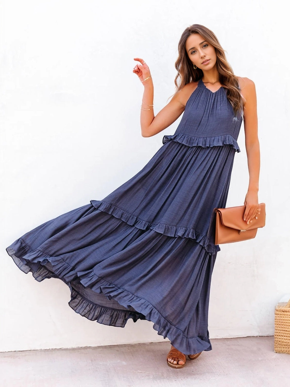 Ruffled Sleeveless Tiered Maxi Dress with Pockets | Maekery Studio