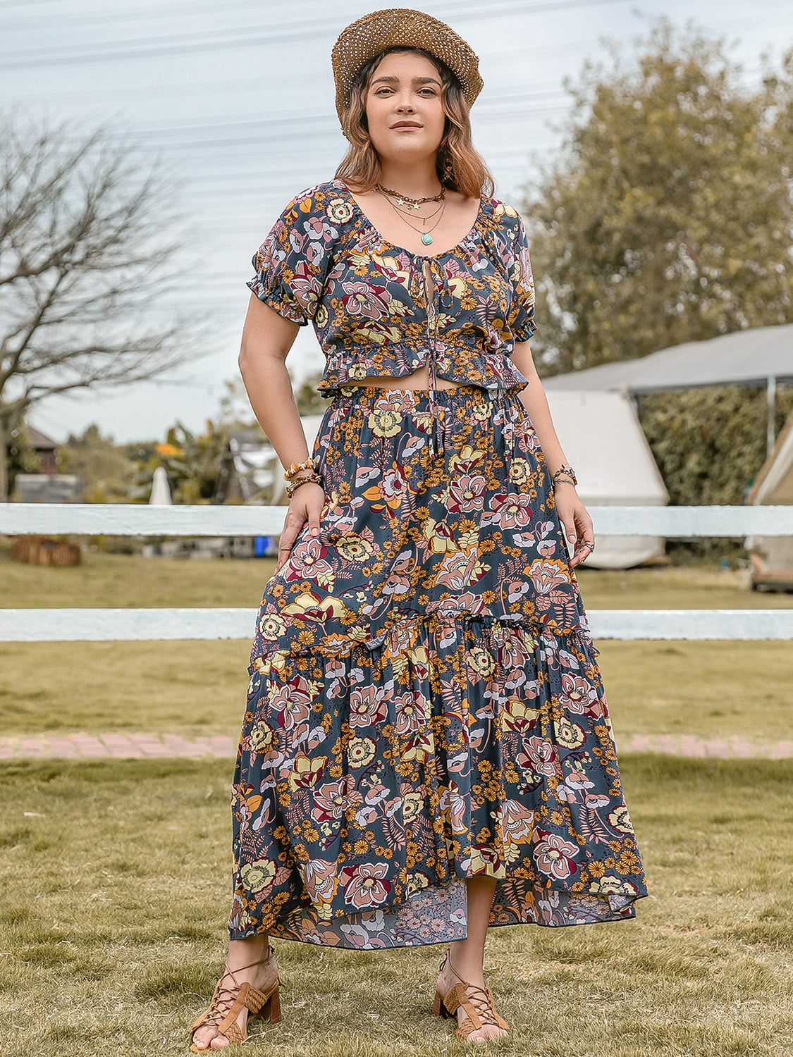 Plus Size Tie Neck Short Sleeve Top and Skirt Set | Maekery Studio