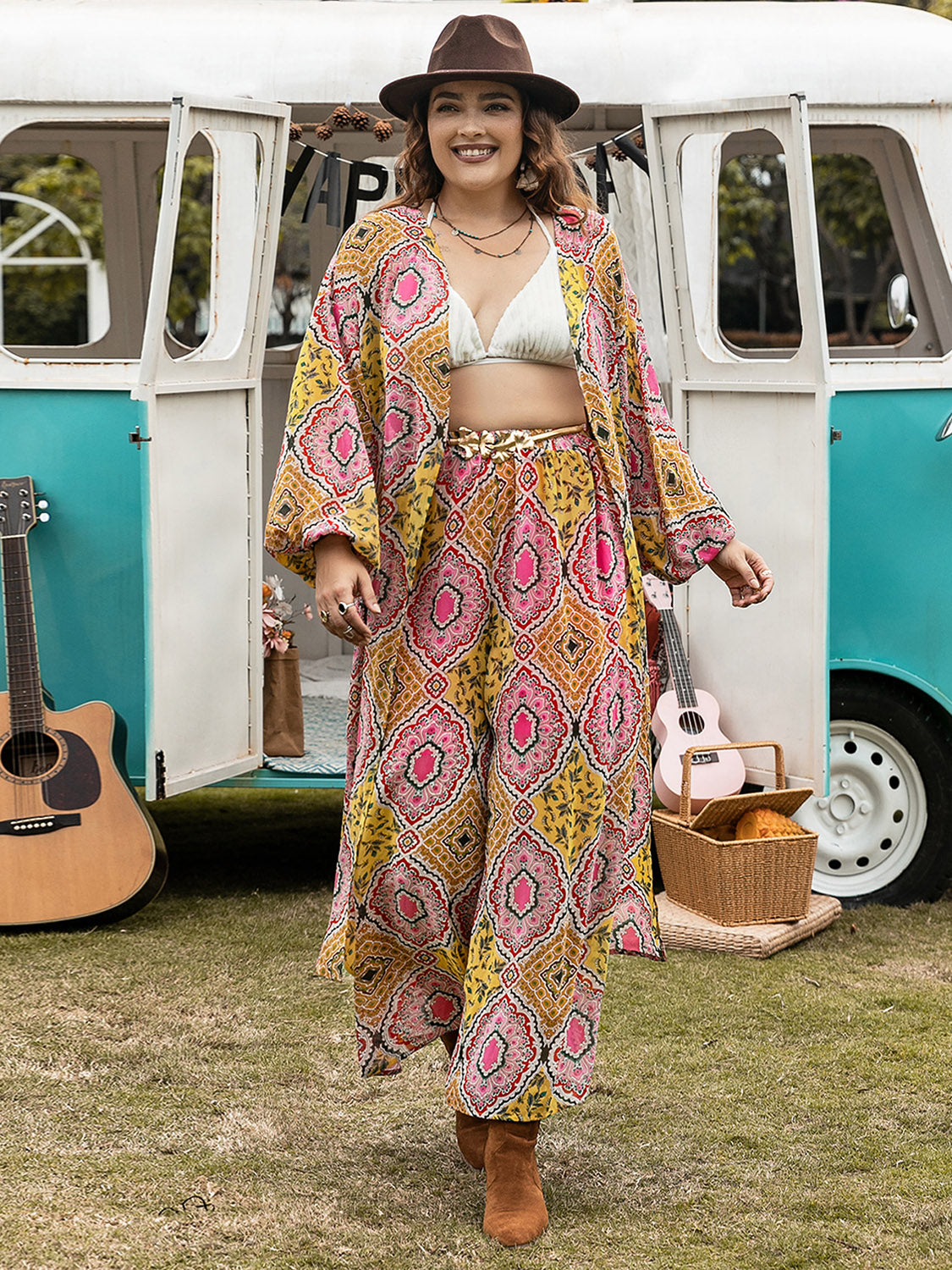 Plus Size Printed Open Front Cover Up and Pants Set | Maekery Studio