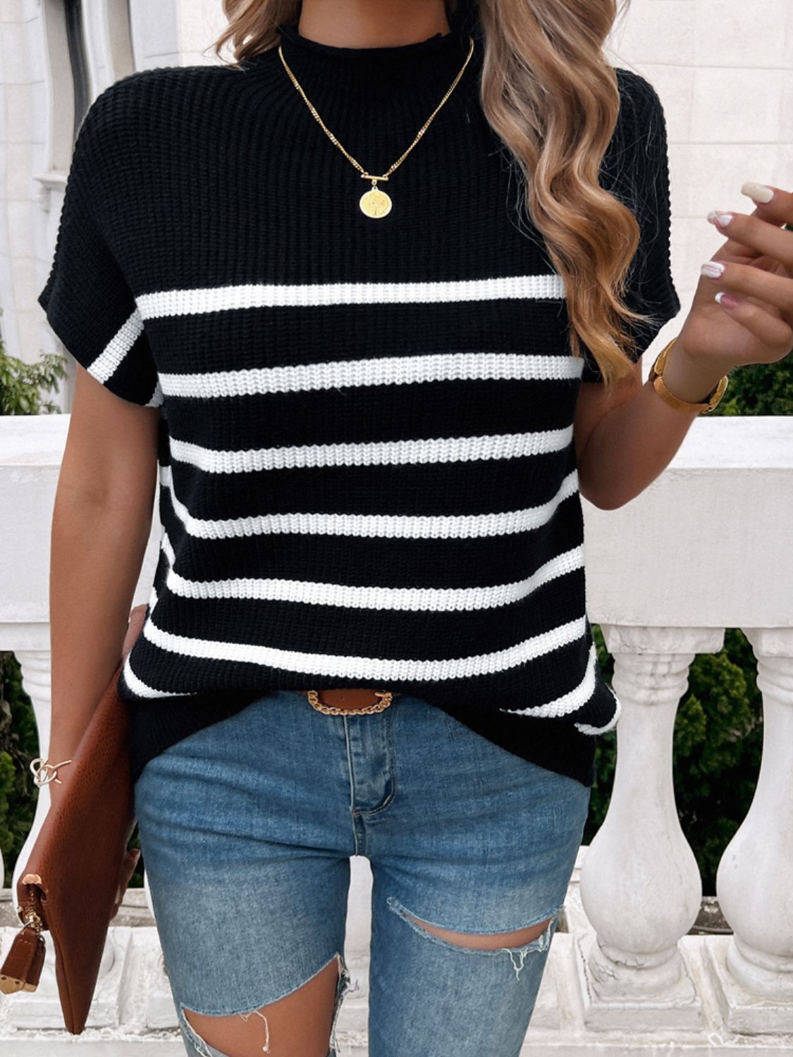 Devine Striped Mock Neck Short Sleeve Sweater | Maekery Studio