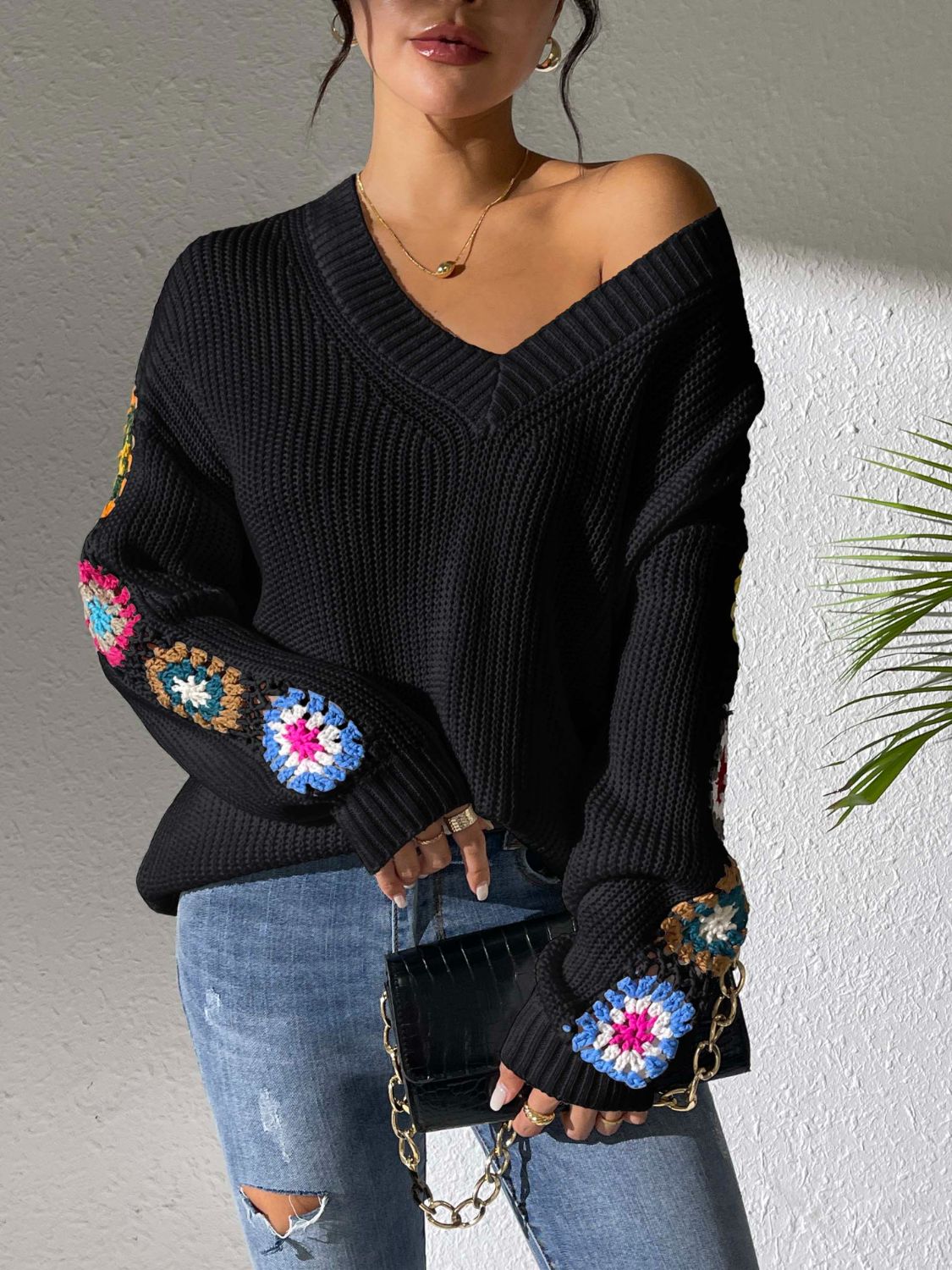 Crochet Flower V-Neck Sweater | Maekery Studio