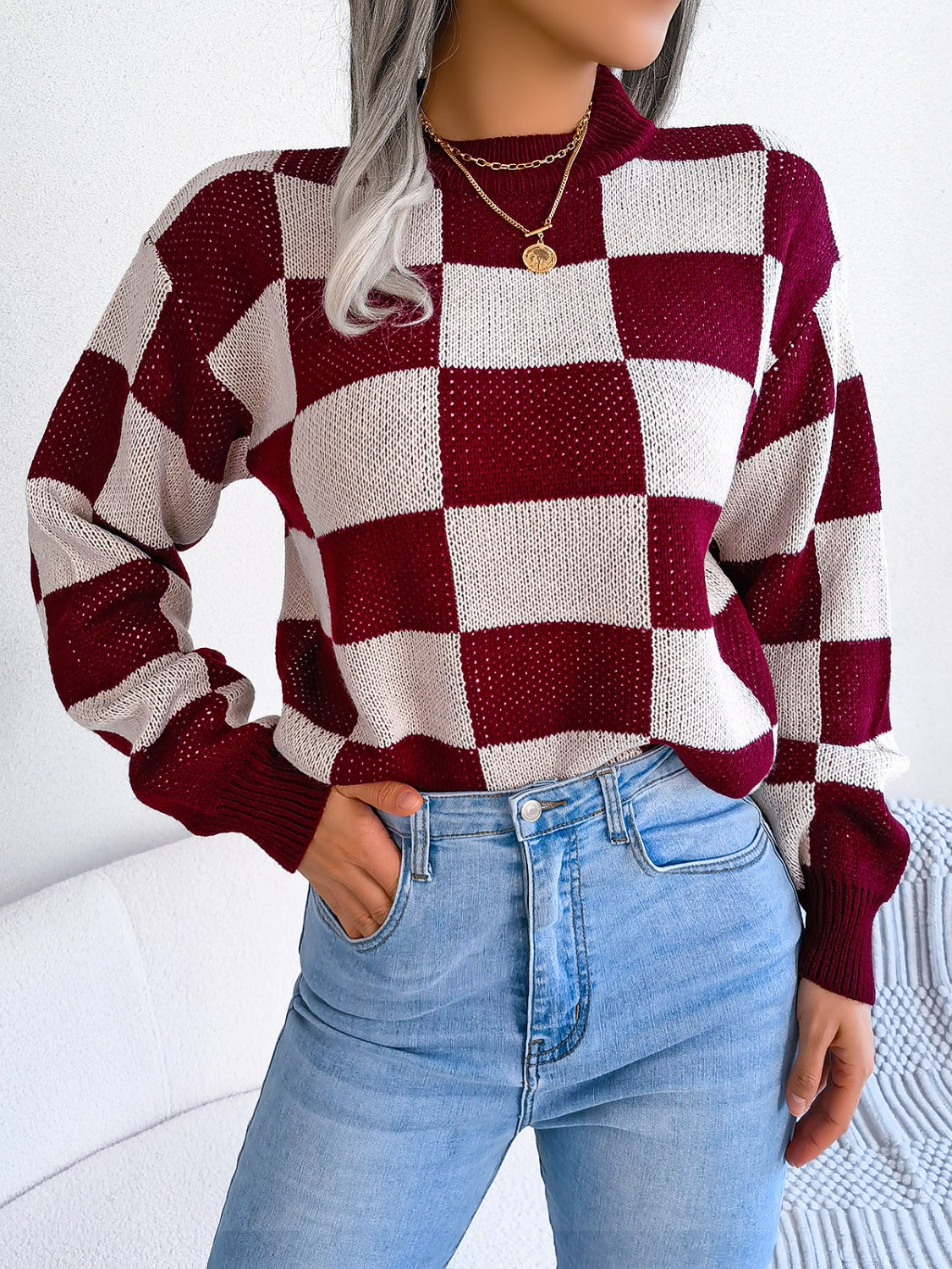 Checkered Mock Neck Long Sleeve Sweater | Maekery Studio