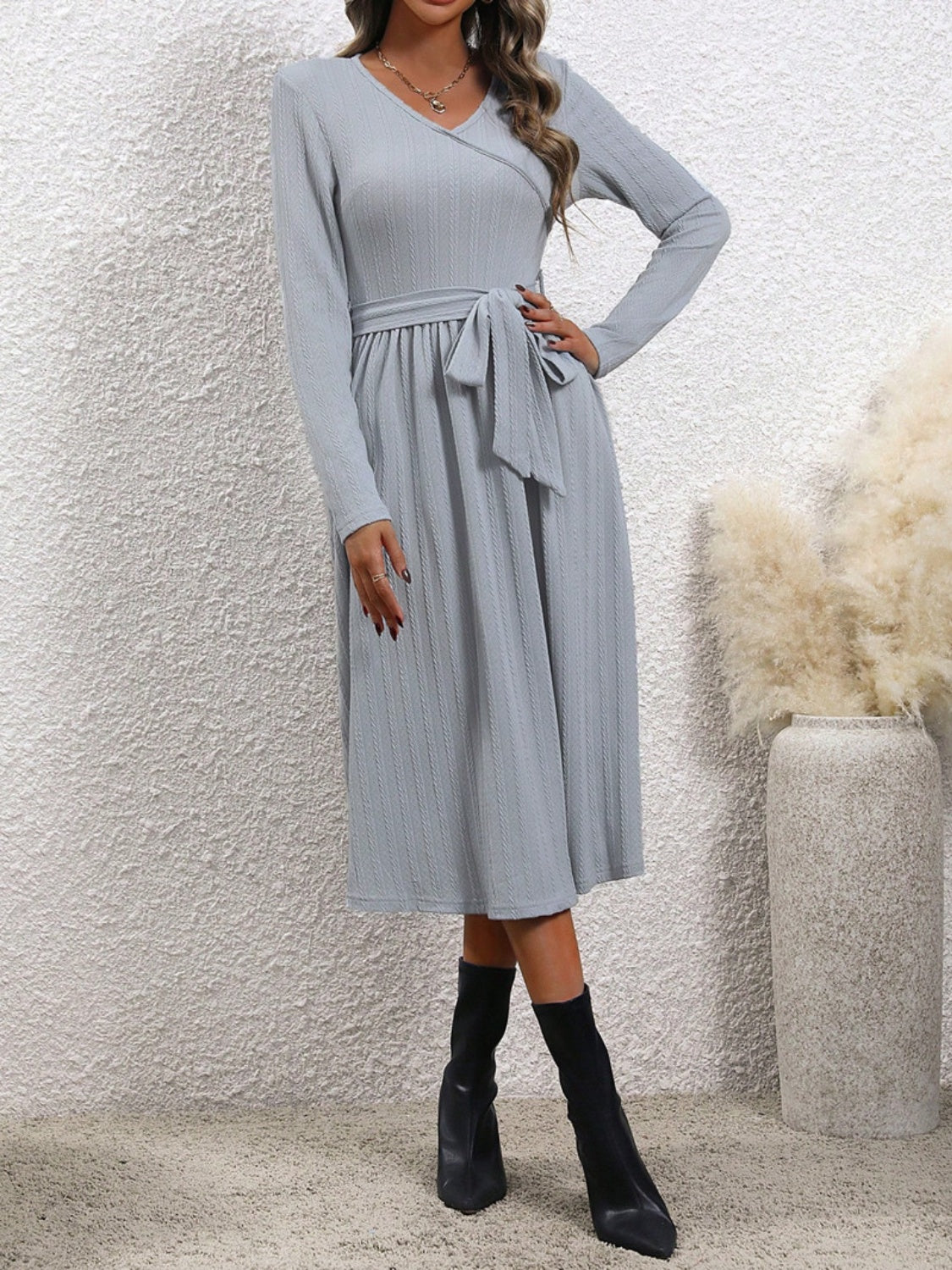 Surplice Tie Waist Long Sleeve Midi Dress | Maekery Studio