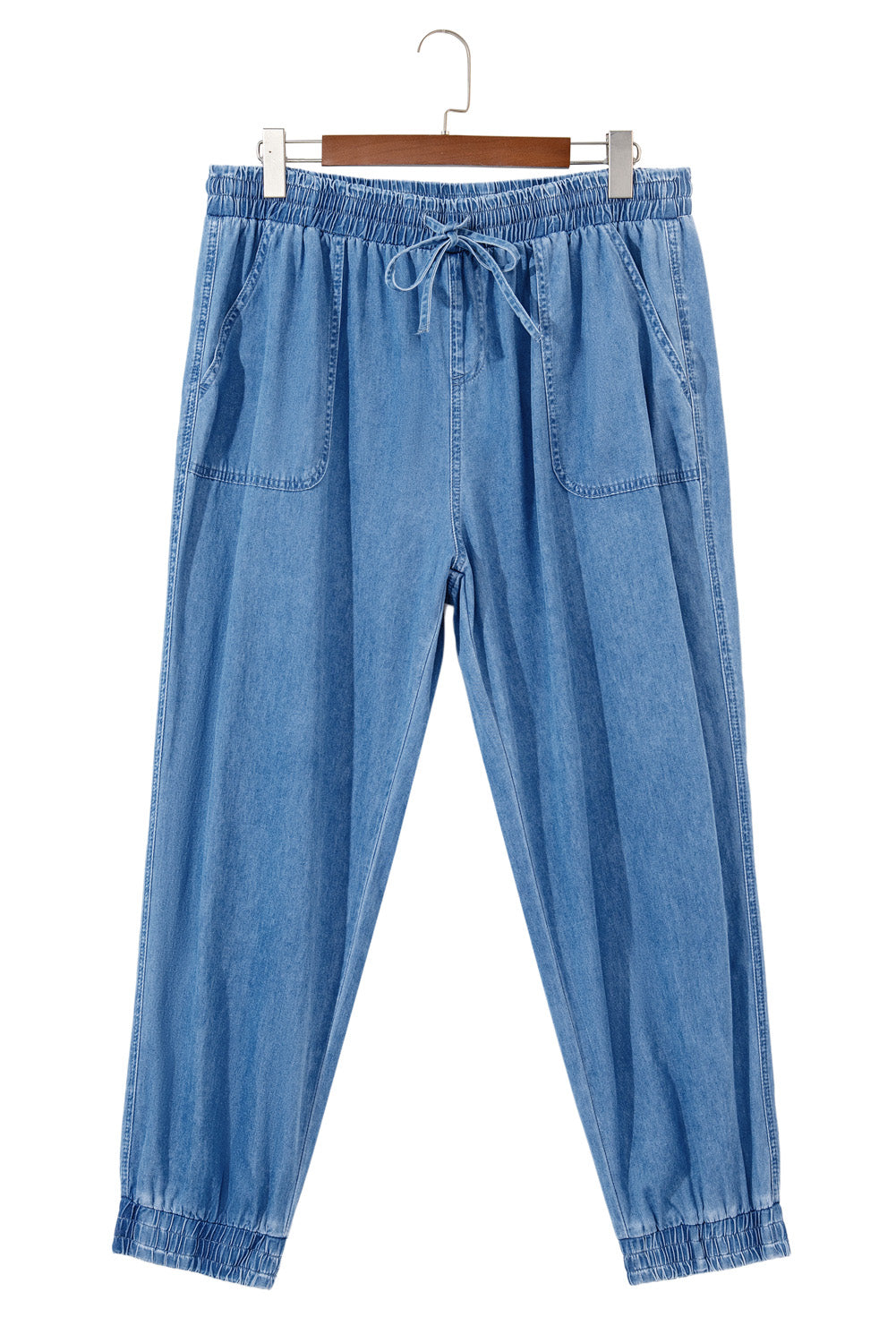 Dusk Blue Drawstring Waist Pocketed Plus Size Denim Joggers | Maekery Studio