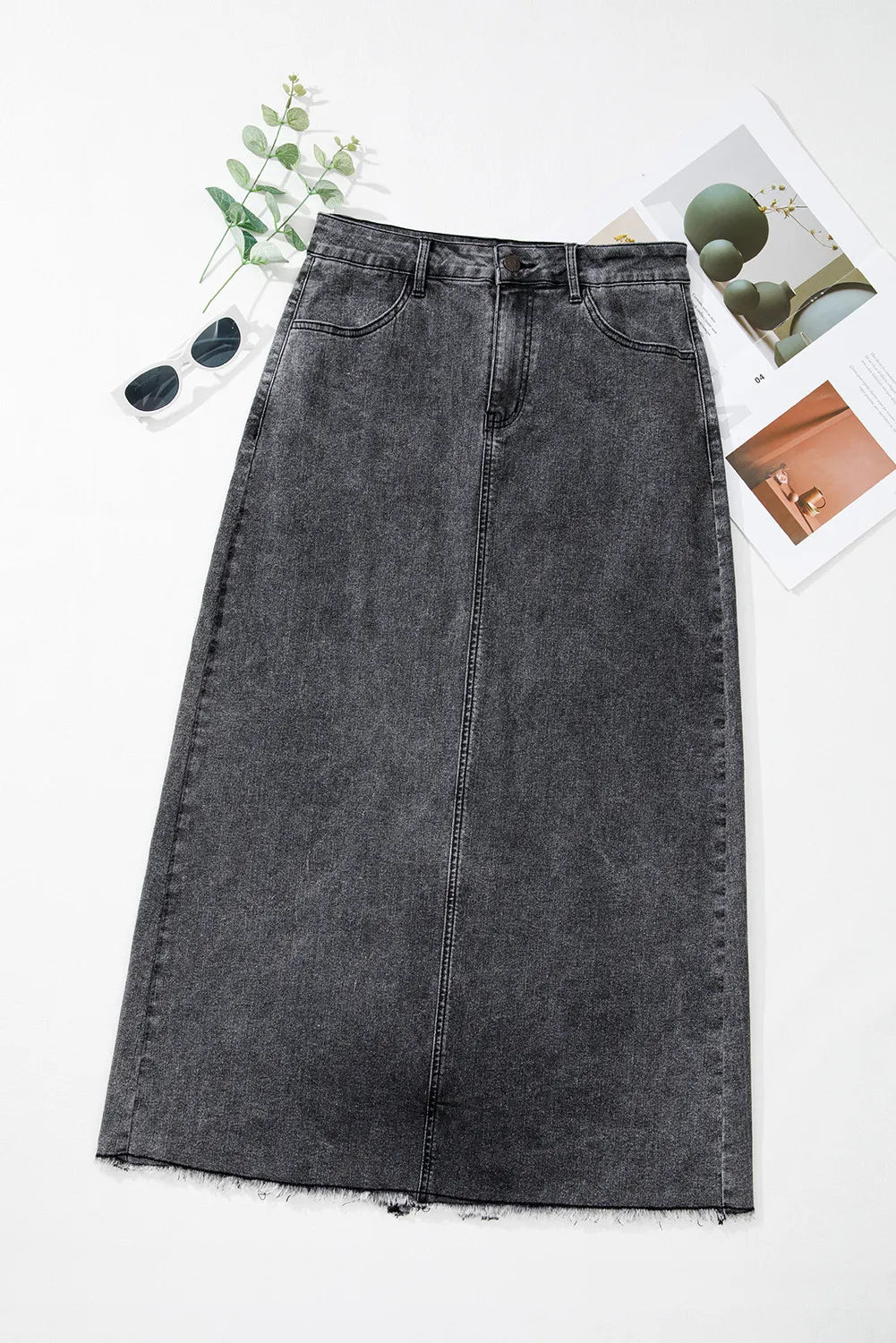 Raw Hem Midi Denim Skirt with Pockets | Maekery Studio