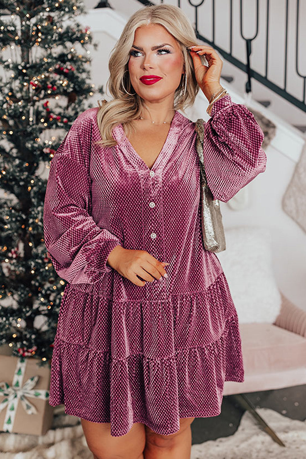 Meadow Mauve Textured Velvet Buttons Tiered Plus Size Dress | Maekery Studio