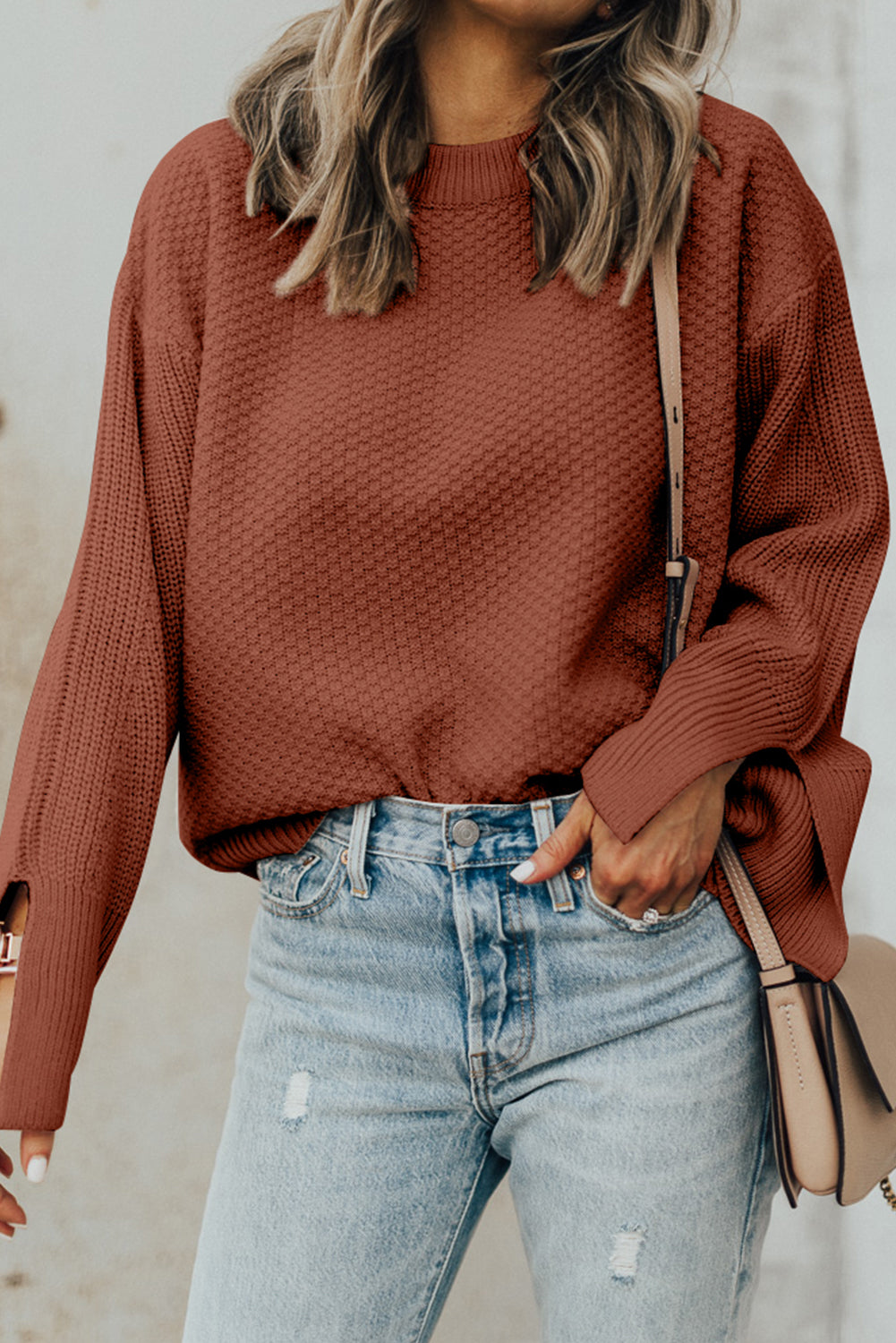 Textured Round Neck Long Sleeve Sweater | Maekery Studio