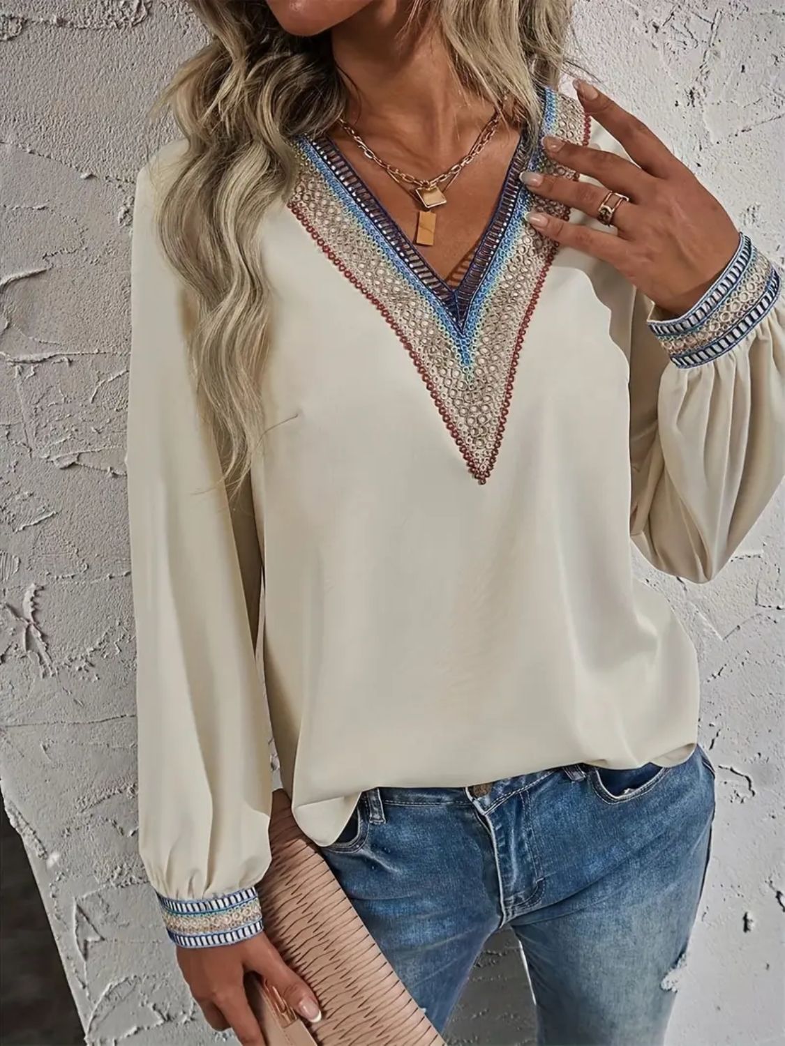 Contrast V-Neck Long Sleeve Blouse | Maekery Studio