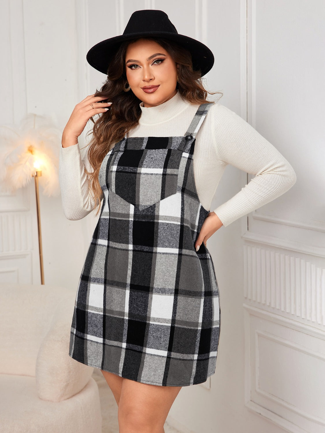 Honey Plus Size Plaid Wide Strap Overall Dress | Maekery Studio