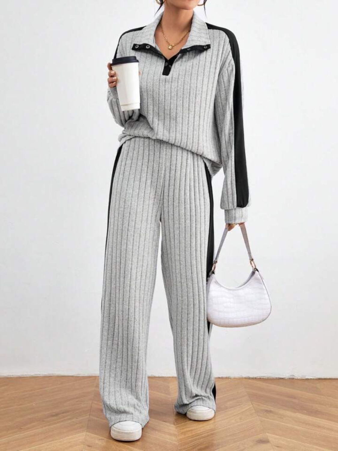 Contrast Collared Neck Long Sleeve Top and Pants Set | Maekery Studio