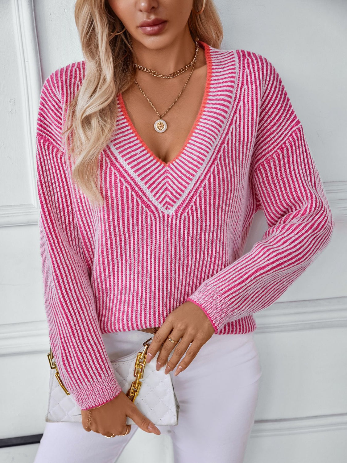 Striped V-Neck Long Sleeve Sweater | Maekery Studio