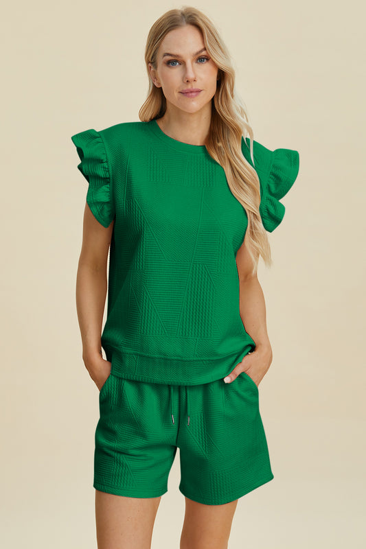 Double Take Full Size Texture Round Neck Ruffle Sleeve Top and Shorts Set | Maekery Studio