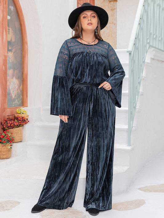 Plus Size Round Neck Flare Sleeve Top and Pants Set | Maekery Studio