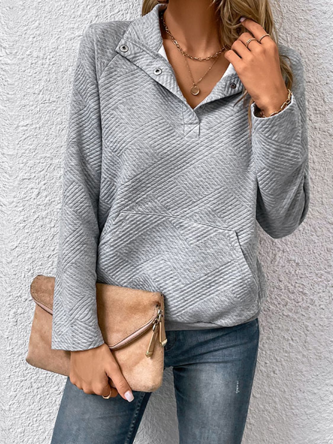 Perfee Half Buttoned Collared Neck Sweatshirt with Pocket | Maekery Studio