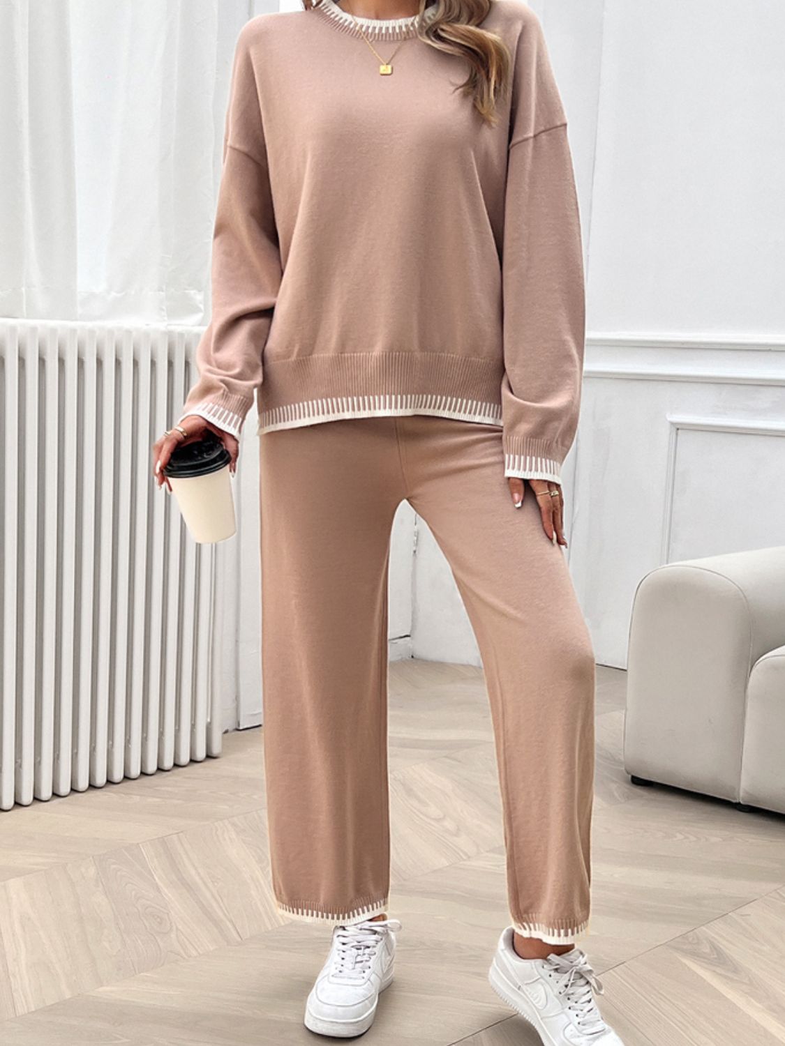 Devine Round Neck Dropped Shoulder Top and Pants Sweater Set | Maekery Studio