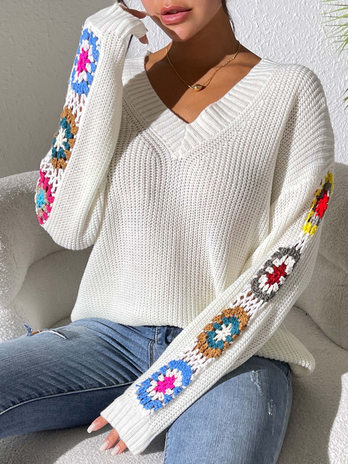 Crochet Flower V-Neck Sweater | Maekery Studio