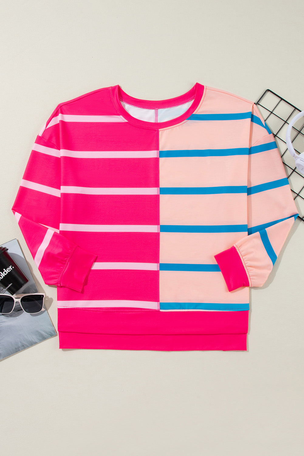 Rose Stripe Color Block Crewneck Long Sleeve Plus Size T Shirt | Maekery Studio