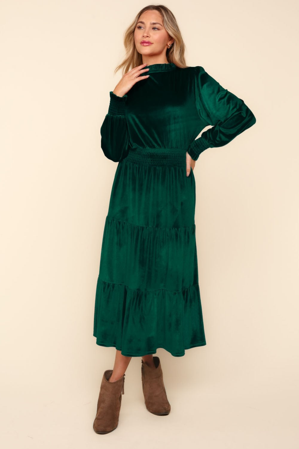 Haptics Mock Neck Smocked Waist Velvet Tiered Dress | Maekery Studio