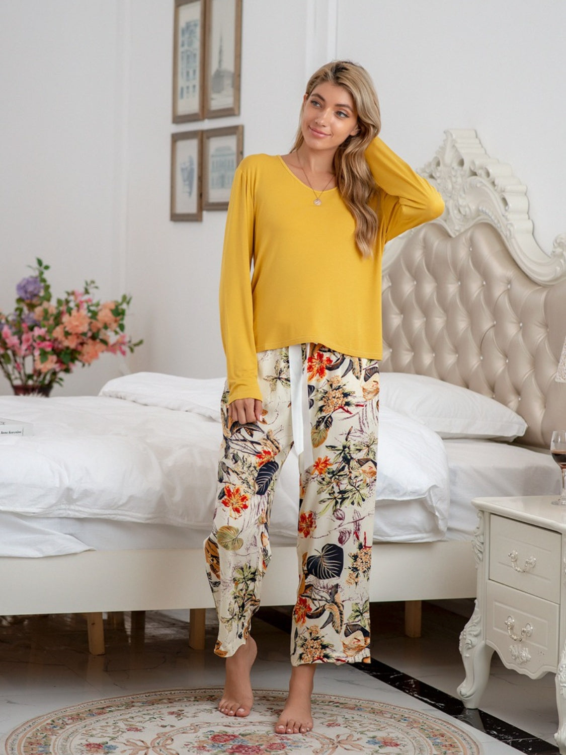 Round Neck Top and Printed Pants Lounge Set | Maekery Studio