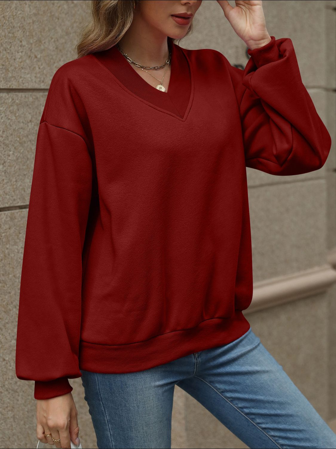 V-Neck Long Sleeve Dropped Shoulder Sweatshirt | Maekery Studio