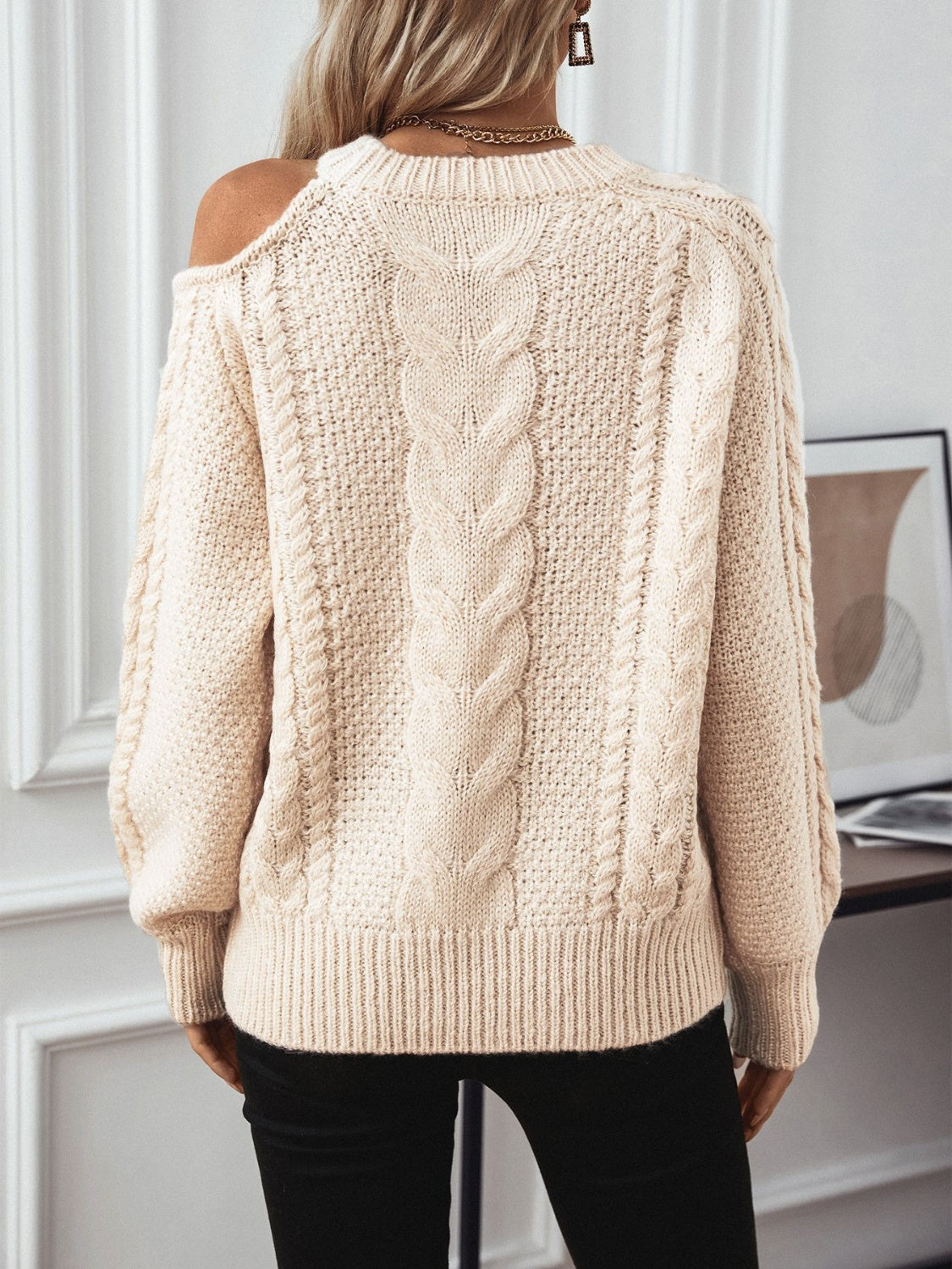 Cable Knit Round Neck Cold Shoulder Sweater | Maekery Studio