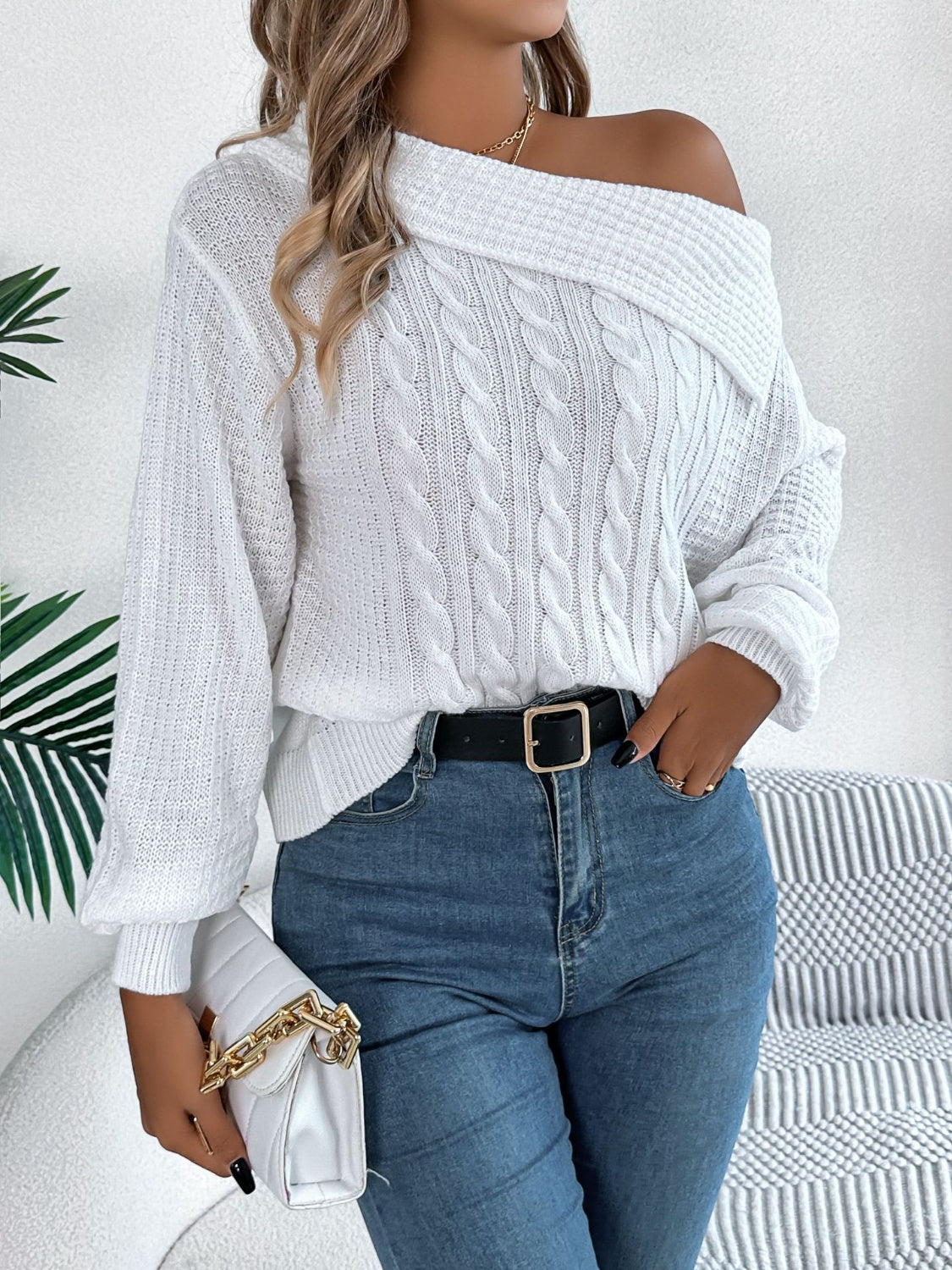 Cable-Knit One Shoulder Long Sleeve Sweater | Maekery Studio