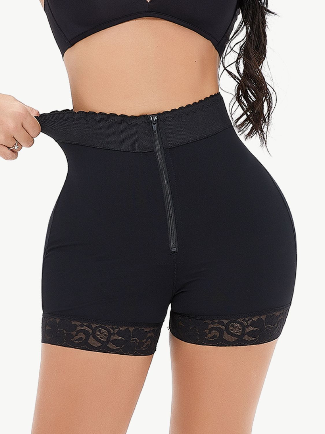 Full Size Zip-Up Lace Trim Shaping Shorts | Maekery Studio