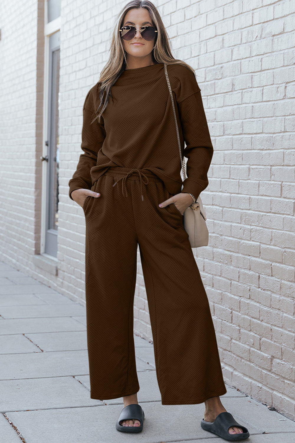 Double Take Full Size Textured Long Sleeve Top and Drawstring Pants Set | Maekery Studio