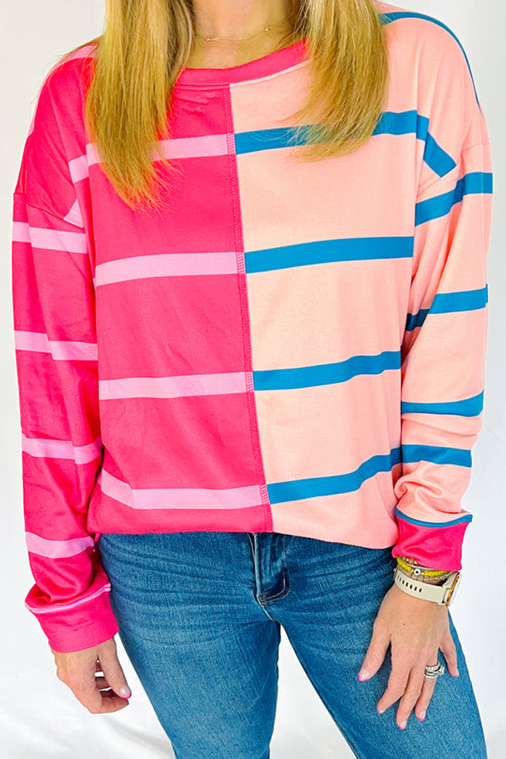 Rose Stripe Color Block Crewneck Long Sleeve Plus Size T Shirt | Maekery Studio