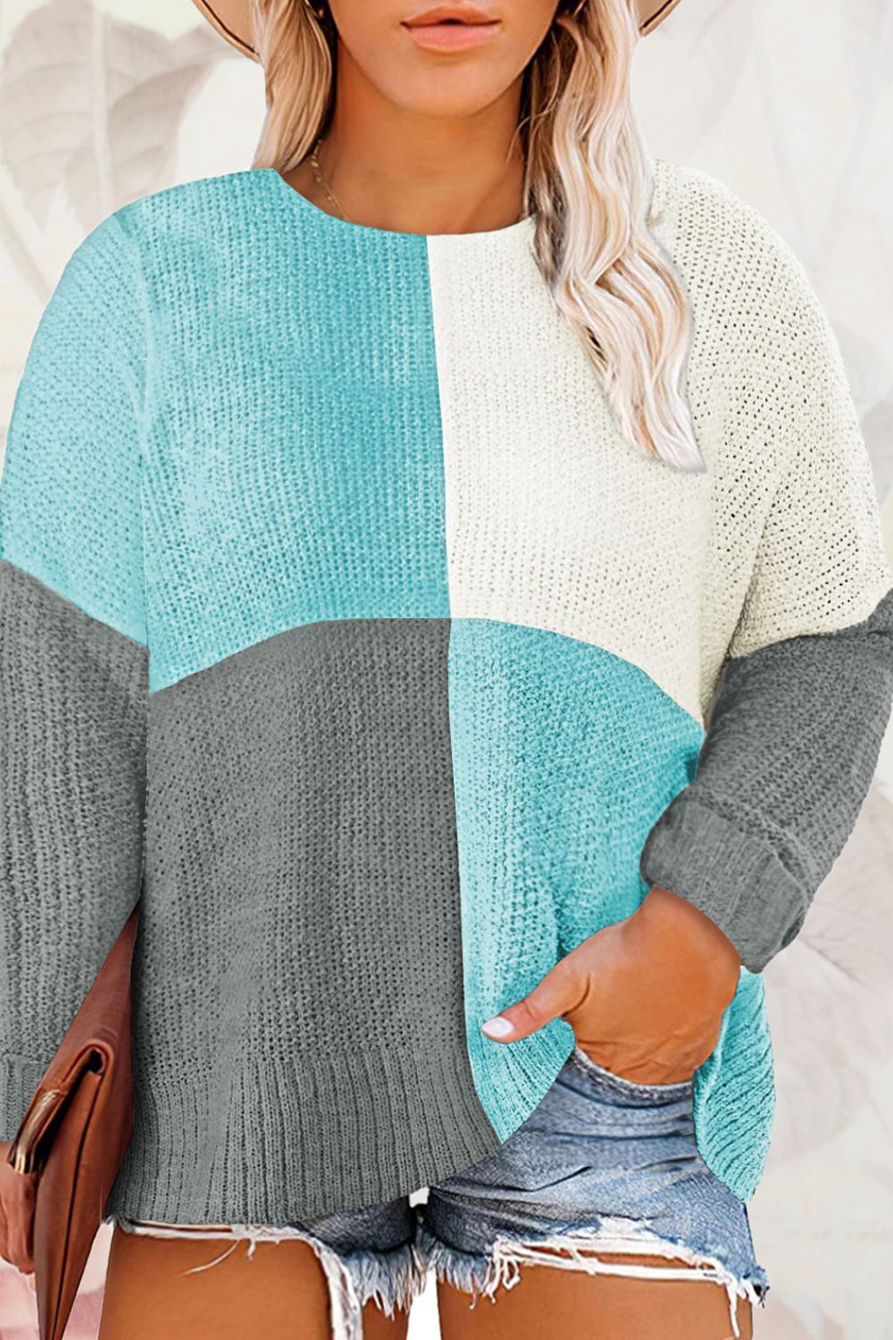 Plus Size Color Block Round Neck Sweater | Maekery Studio