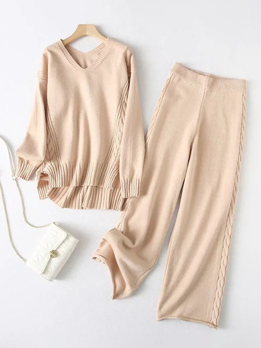 Slit V-Neck Long Sleeve Top and Pants Sweater Set | Maekery Studio