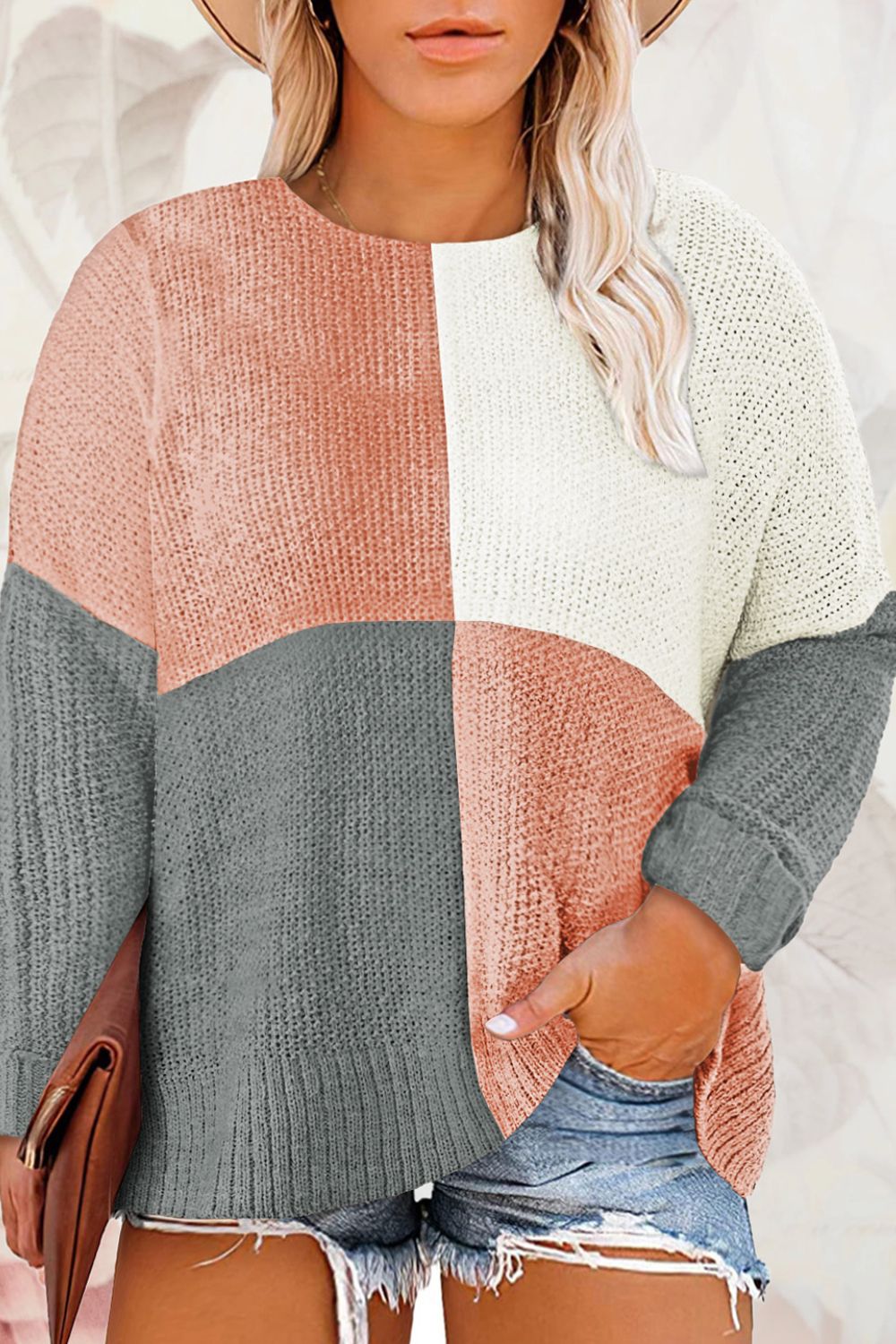 Plus Size Color Block Round Neck Sweater | Maekery Studio