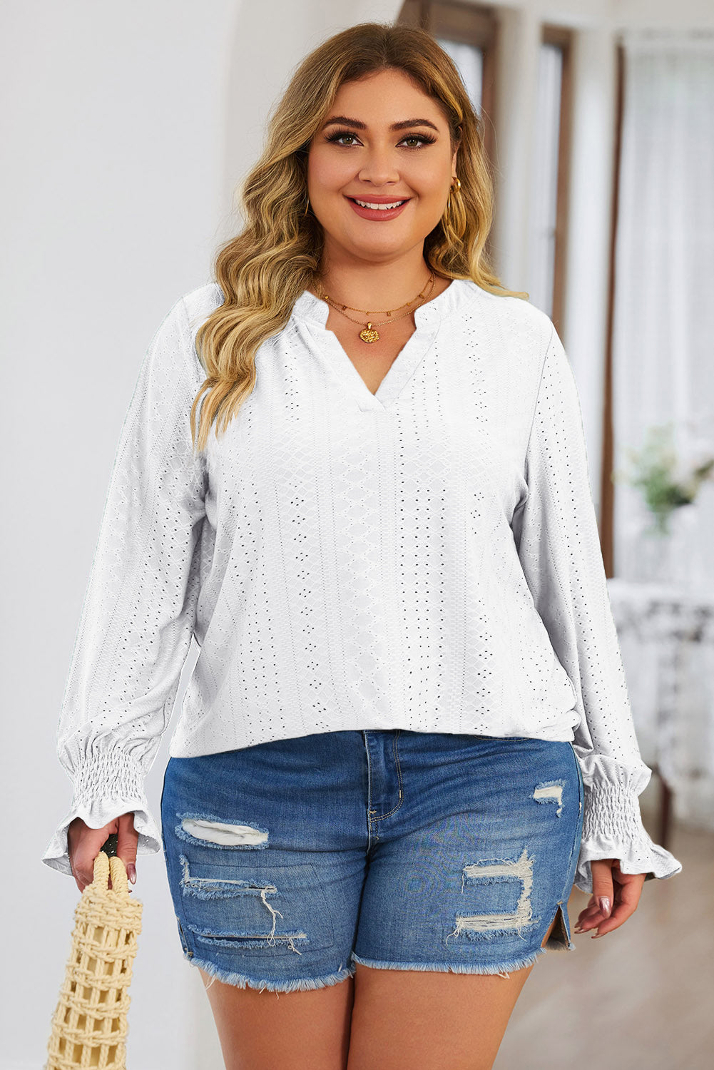 Plus Size Eyelet Notched Flounce Sleeve Blouse | Maekery Studio