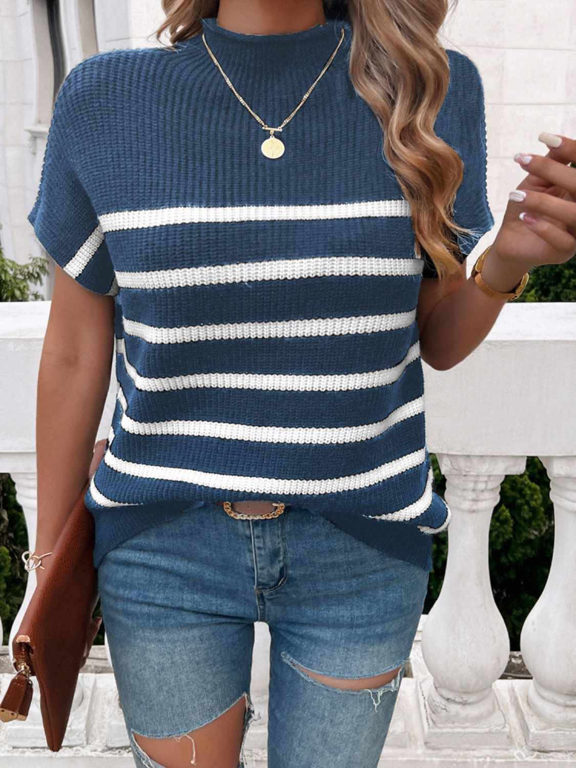 Devine Striped Mock Neck Short Sleeve Sweater | Maekery Studio