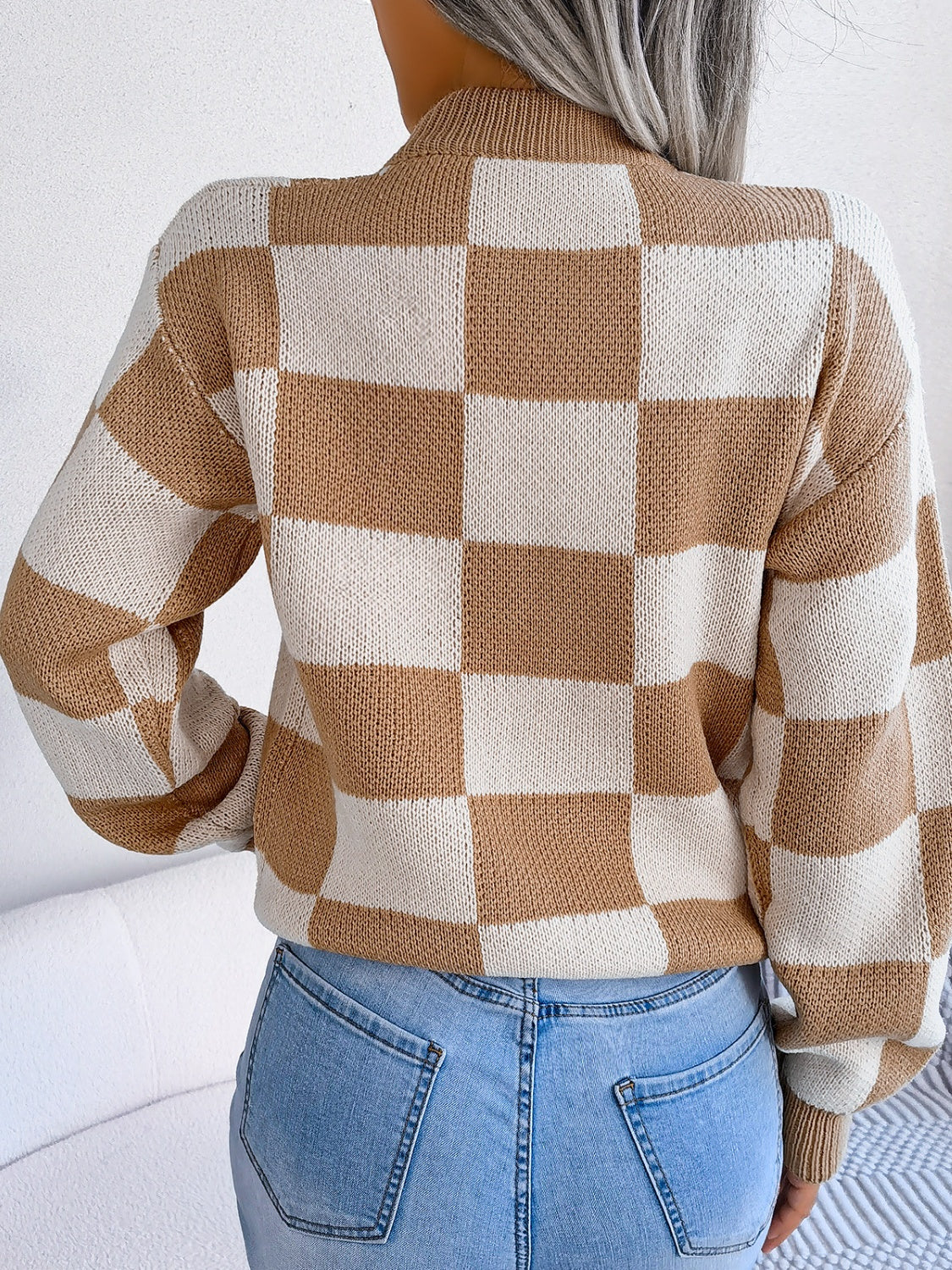 Checkered Mock Neck Long Sleeve Sweater | Maekery Studio