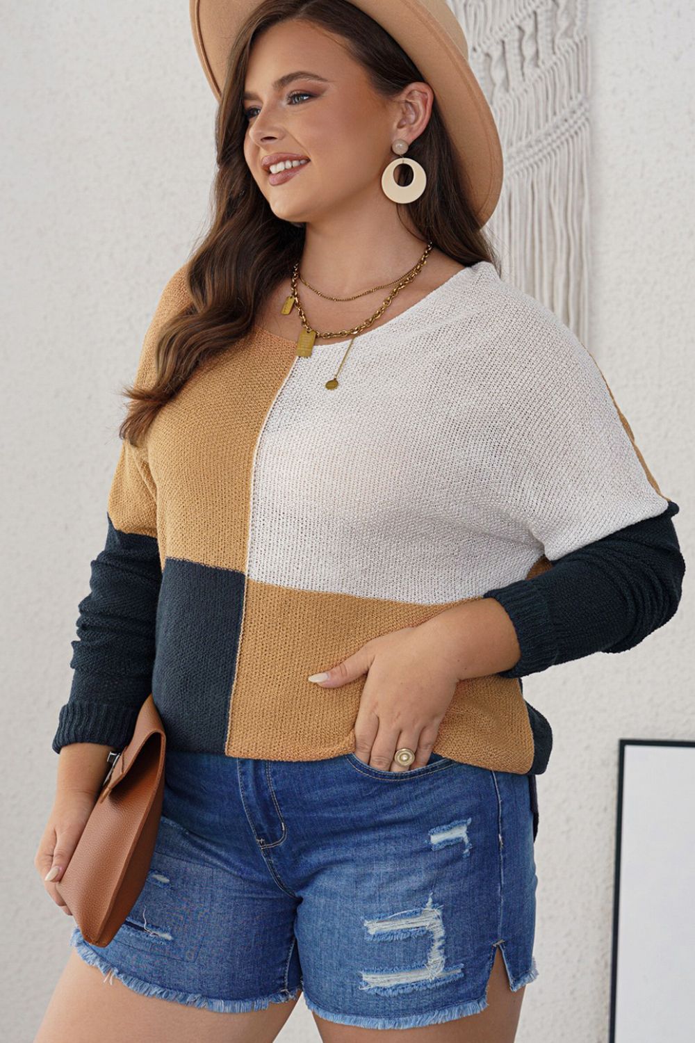 Plus Size Color Block Round Neck Sweater | Maekery Studio