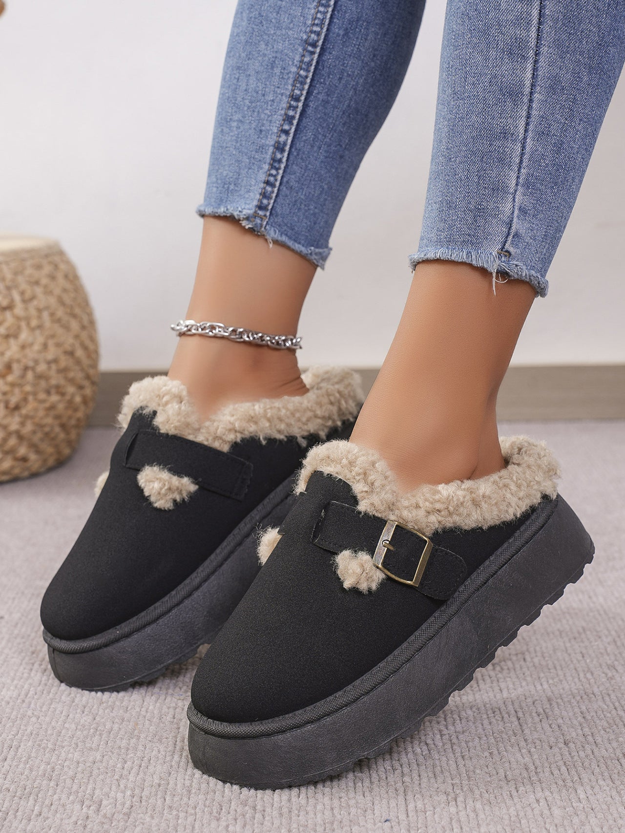 Thermal Fuzzy Buckle Platform Slippers | Maekery Studio